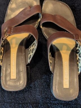 Liz Claiborne Brown Leather Slides with Leopard Print Accents
